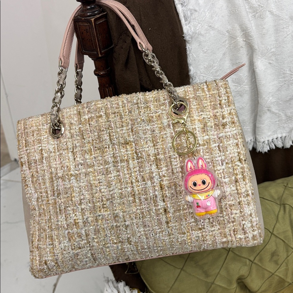 Kate Spade Pink and Cream Tweed Tote /Labubu  bag charm included.